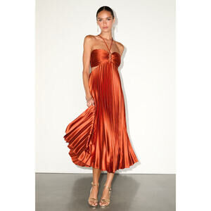 Lulus Aerin Rust Satin Pleated Cutout Midi Dress Orange - Size XS